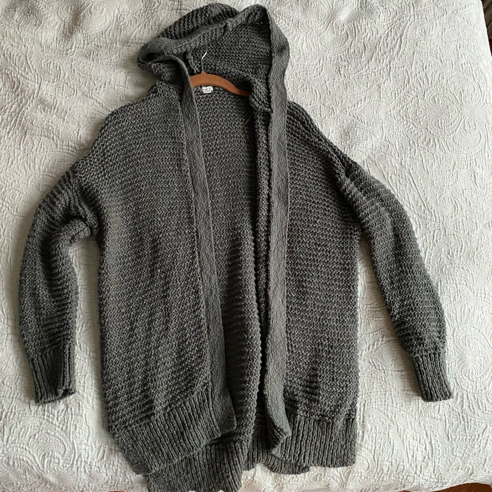 Aerie XS Long Open Knit With Hood Cardigan Green-Blue Sweater Knitted